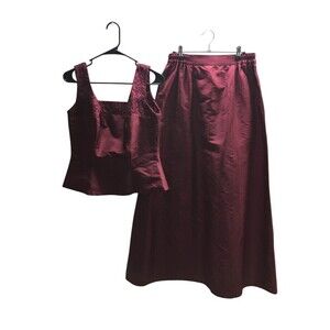 Belsoie Top Skirt Set Women's Size 14 Red Silk Maxi Sleeveless Stretch Waist